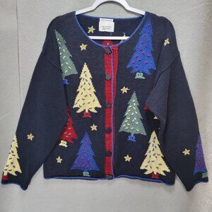 Vintage Christmas Cardigan Sweater Womens L 3D Hand Embroidered Trees Buttons